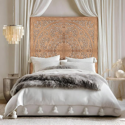 King Wood Headboard Rustic | Carved Full Head Board Only | Wooden Wall Art Full Size Bed | Wall Mount Decor King or Queen | Bed Headboard Panels