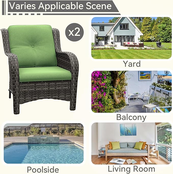 Patio Wicker Chairs Set of 2, Patio Rattan Dining Chairs with 3.5-inch Seat Cushions, High Back and Curved Armrest for Garden, Backyard, Balcony and Deck, Green