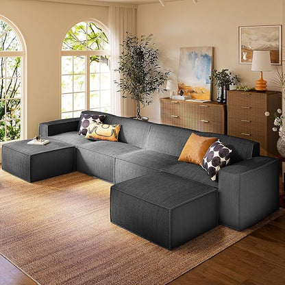 Marsail Modular Sectional Sofa, 142" U-Shaped Modular Sectional Couch with Deep Seat, Freely Combinable Sectional Cloud Sofa for Living Room, No Assembly, Plush Corduroy Fabric, Grey