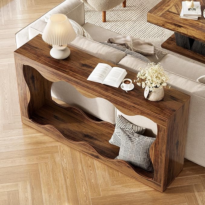 LITTLE TREE 63-Inch Entryway Table, Chic Design, Farmhouse Sofa Table Behind Couch, Scalloped Console Table with Build-in Storage Space for Entryway, Living Room, Hallway