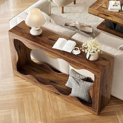 LITTLE TREE 63-Inch Entryway Table, Chic Design, Farmhouse Sofa Table Behind Couch, Scalloped Console Table with Build-in Storage Space for Entryway, Living Room, Hallway
