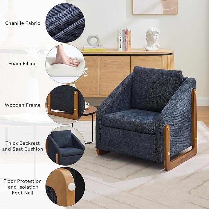 Modern Upholstered Armchair with Wooden Frame, 29" W x 29" D x 29" H, Light Gray Chenille Fabric, Living Room Accent Chair (Blue)