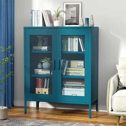 Blue Metal Storage Cabinet with Mesh Doors, Small Office Storage with 2 Adjustable Shelves, Accent Metal Locker for Home, Office, Living Room, Hallway