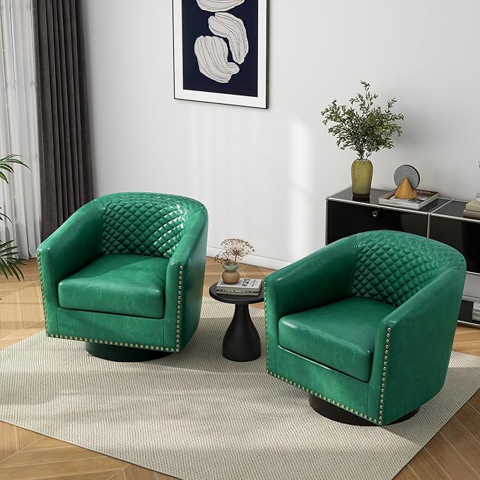 Pia Ricco Faux Leather Swivel Barrel Accent Chairs Set of 2, 360° Swivel Round Single Sofa Chair, Comfy Upholstered Club Armchair with Nailhead Trim for Living Room/Reading Room/Bedroom, Green