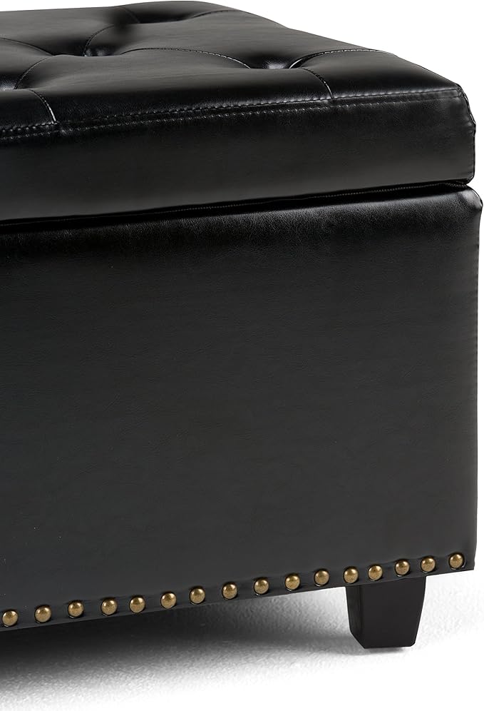 SIMPLIHOME Hamilton 48 inch Wide Transitional Rectangle Storage Ottoman in Midnight Black Vegan Faux Leather, Assembled, For the Living Room, Entryway and Family Room