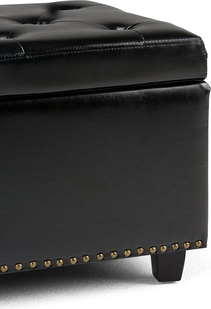 SIMPLIHOME Hamilton 48 inch Wide Transitional Rectangle Storage Ottoman in Midnight Black Vegan Faux Leather, Assembled, For the Living Room, Entryway and Family Room