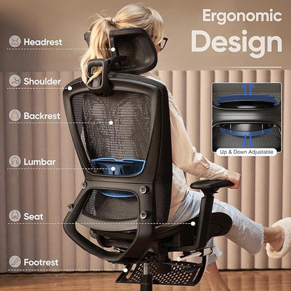ELABEST T96E Ergonomic Mesh Office Chair with Adjustable Headrest & Footrest,Sturdy Computer Desk Chair - Adjustable Lumbar Support & Armrests,Comfort Wide Seat,Swivel Home Office Chair