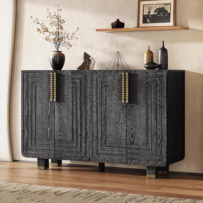 Merax Vintage Wood Storage Cabinet with Four Doors and Dark Gold Handles, Retro-Style Sideboard Buffet Cabinet with Adjustable Storage Shelves for Kitchen, Living Room, Dining Room, Hallway, Black