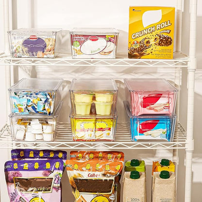 Vtopmart 12pcs Clear Organizers and Storage Bins with Lids, Stackable Plastic Storage Containers with Handles for Fridge, Freezer, Pantry, Cabinet, Kitchen Organization
