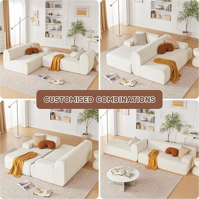 107" Modular Sectional Sofa, Boneless Couch Sponge Sofa for Living Room, High Density Sponges Cloud Couch,Modular L-Shape Sofa with Chaise, (Beige)
