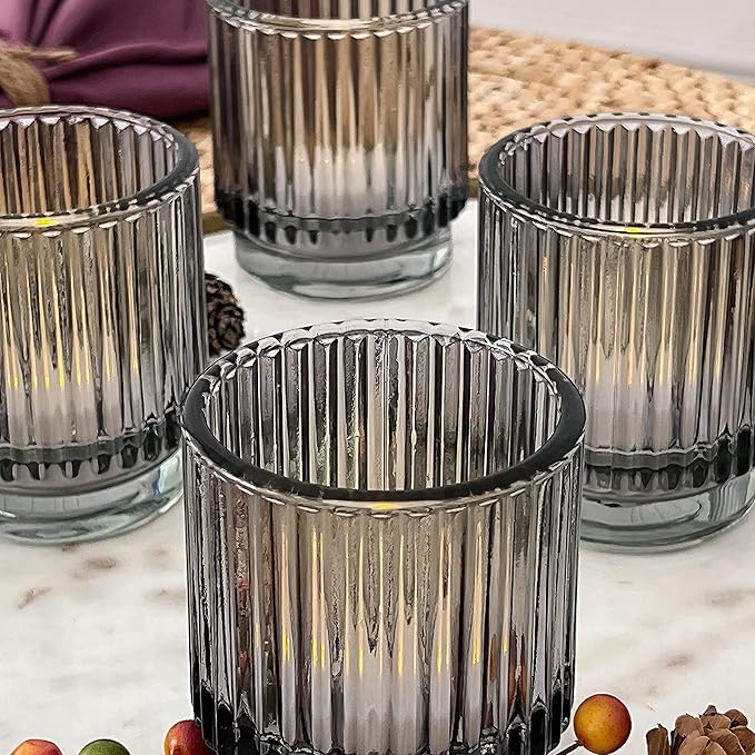 Kate Aspen Ribbed Glass Candle Holder Set - 6 Smoke Gray Tealight Holders for Home, Kitchen, Room or Living Room Decor - Vintage Tea Light Votive Accent for Table or Shelf Styling
