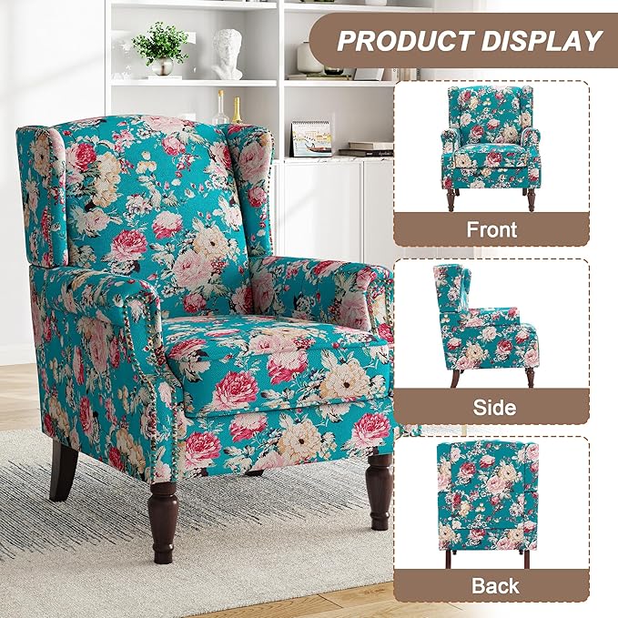 Pia Ricco Set of 2 Floral Accent Chairs, High Back Upholstered Armchairs with Retro Wingback Design, Nailhead Trim & Solid Wood Legs for Living Room Bedroom(Peacock Blue)