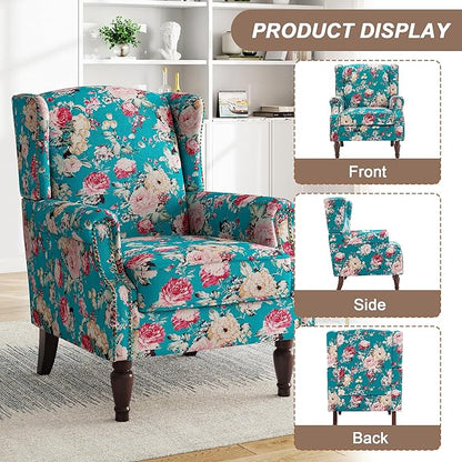 High Back Floral Accent Chair - Retro Wingback Upholstered Armchair with Nailhead Trim, Solid Wood Legs, Fabric Living Room Bedroom Reading Chair (Peacock Blue)