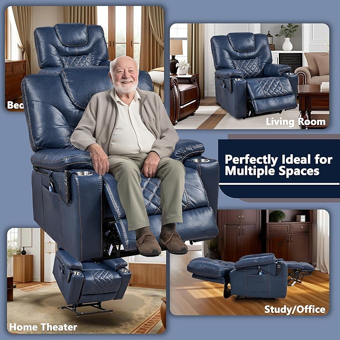 Lift Chair for Elderly: 9988 High Density Foam Lay Flat Heat and Massage, Reclining to 180, 2 Pockets Cup Holders, 2 Remote Controls, Dual OKIN Motors - Breathable Leather Navy Blue