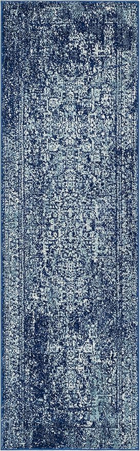 SAFAVIEH Evoke Collection Accent Rug - 2'2" x 5', Navy & Ivory, Distressed Design, Non-Shedding & Easy to Clean, Ideal for Front Door, Kitchen, Entryway, Accent Space (EVK256A)