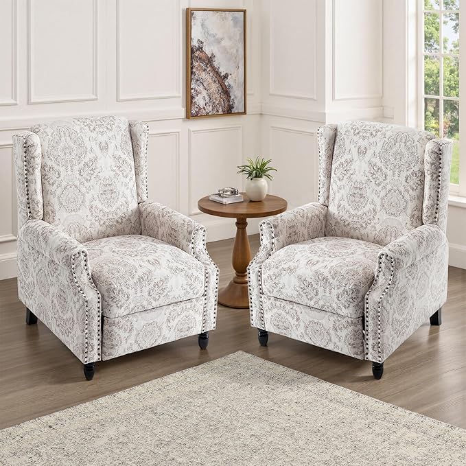 UIXE Recliner Chairs Set of 2, Fabric Upholstered Armchair Pushback Accent Chair for Living Room, Floral Rivet Trim Club Chair Home Theater Single Sofa Bedroom Side Reading Seats - Beige