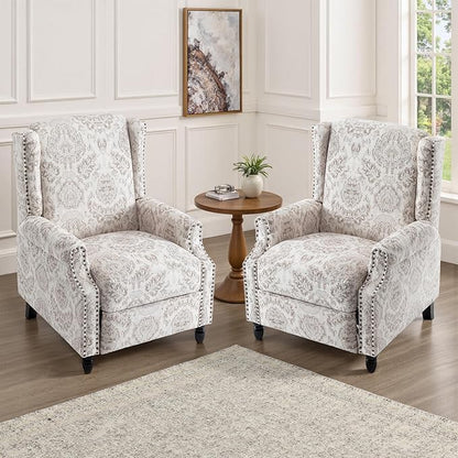 UIXE Recliner Chairs Set of 2, Fabric Upholstered Armchair Pushback Accent Chair for Living Room, Floral Rivet Trim Club Chair Home Theater Single Sofa Bedroom Side Reading Seats - Beige