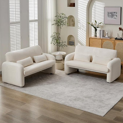 56'' Corduroy Loveseat Sofa, 2 Seater Love Seat Couch for Small Space, Comfy Upholstered Modern Leisure Loveseat Couches with Lumbar Pillows for Bedroom, Office, Living Room, White