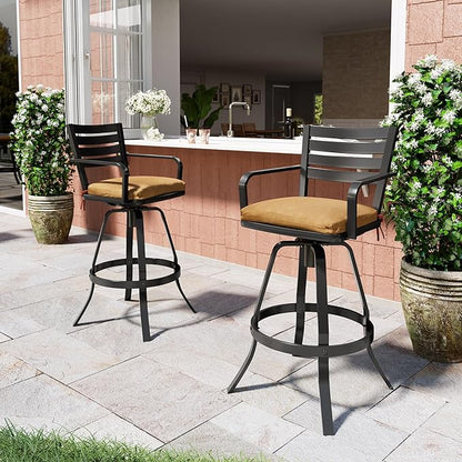 Pellebant Outdoor Swivel Barstools Set of 6, Aluminum 29.5" Bar Height Stool Chairs with Back & Footrest,Rust-Proof Tall Patio Bar Stools for Deck Lawn Garden, for Deck Lawn Garden,Teak