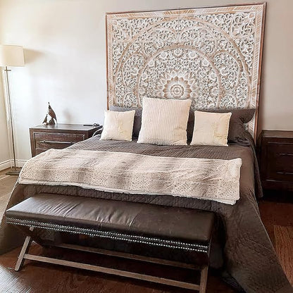 King Wood Bed Headboard Rustic | Carved Full Head Board Only | Wooden Decor Full Size Bed | Wall Mount Wood Art King or Queen (Manusa Antic, California King)