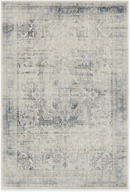 RUGGABLE Washable Vintage Area Rug – Kamran Blue Quartz 6x9, Stain-Resistant, Non-Slip – Medium Machine Washable Rugs for Living Room, Bedroom, Hallway, Entryway & Office–with Cushioned Pad
