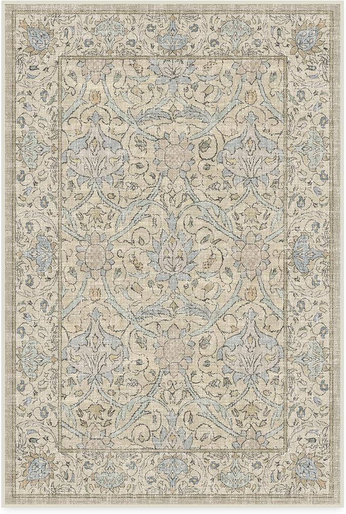 RUGGABLE x Morris & Co Washable Area Rug – Montreal Natural Blue 4x6, Stain-Resistant, Non-Slip – Medium Machine Washable Rugs for Living Room, Bedroom, Hallway, Entryway & Office–with Standard Pad