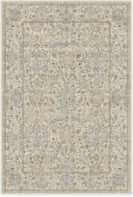 RUGGABLE x Morris & Co Washable Area Rug – Montreal Natural Blue 4x6, Stain-Resistant, Non-Slip – Medium Machine Washable Rugs for Living Room, Bedroom, Hallway, Entryway & Office–with Standard Pad