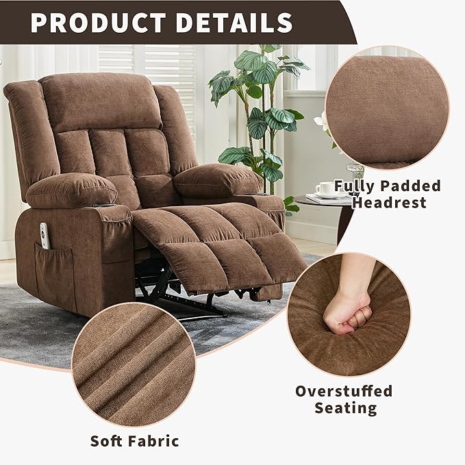 Rocking Recliner Chair with Heat and Massage, Nursery Recliner 360° Swivel Oversized Chairs for Adults, Lazy Boy Single Sofa Seat with 3 Positions, 2 Side Pockets, Cup Holders, and USB Ports, Brown