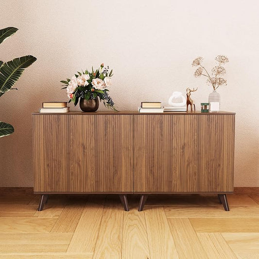 Modern Sideboard Buffet Cabinet Console Table, Accent Storage Cabinet Credenza Buffer Cabinets with 4 Fluted Doors for Kitchen Dining Living Room Entryway (Walnut)