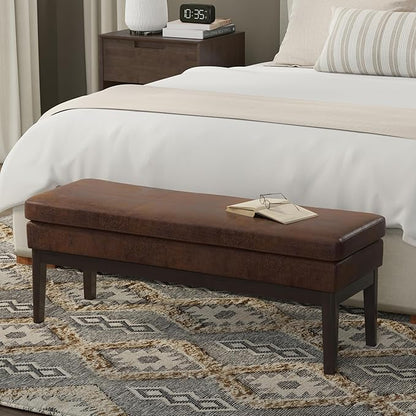 SIMPLIHOME Carlson 45-inch Wide Vegan Faux Leather Ottoman Bench in Distressed Black with Solid Wood Frame for Living Room, Entryway, or Bedroom