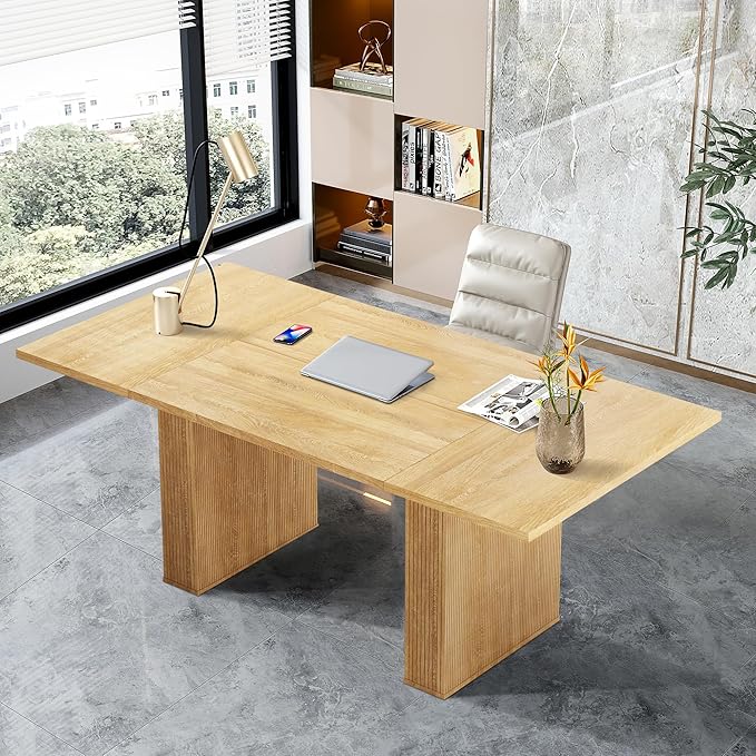 LEVNARY 78 Inch Long Executive Desk, Large Office Desk with Wood Strip Base, Modern Farmhouse Computer Desk Business Furniture for Home Office (Natural Oak)