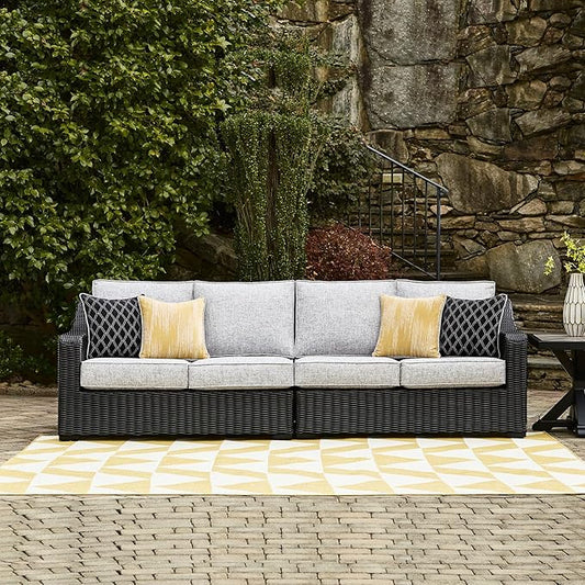 Signature Design by Ashley Beachcroft Casual Nuvella Weather Resistant Fabric 2-Piece Outdoor/Indoor Loveseat with Cushion and 4 Toss Pillows, Black & Light Gray