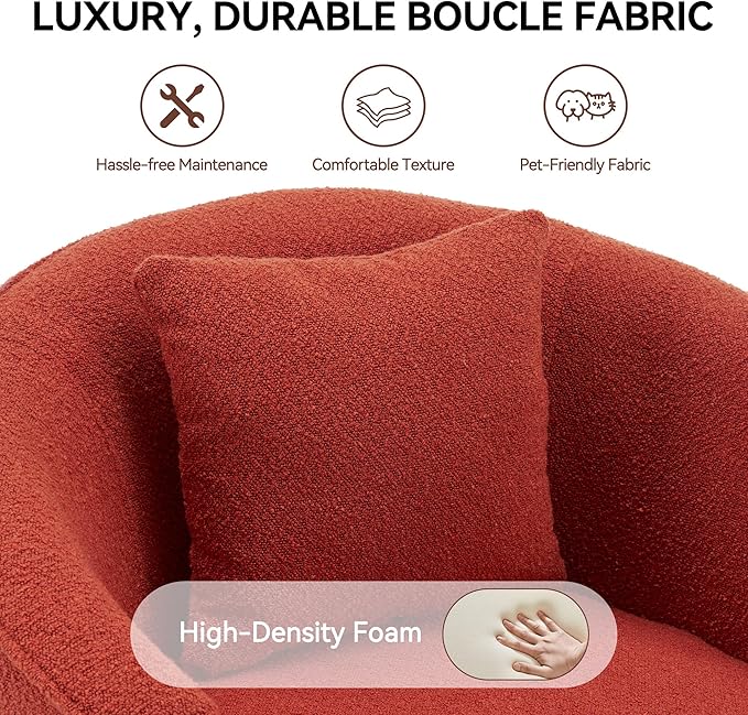 Swivel Accent Chair, Modern Upholstered Boucle Barrel Arm Chairs with Pillow for Living Room, 360 Degree Round Swivel Sherpa Armchair with Round Base for Bedroom Club (1, Orange)