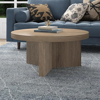 Henn&Hart 32" Fluted Round Low-Profile Coffee Table with Ribbed Pedestal Base for Living Room, Family Room, Office, or Apartment, Antiqued Gray Oak