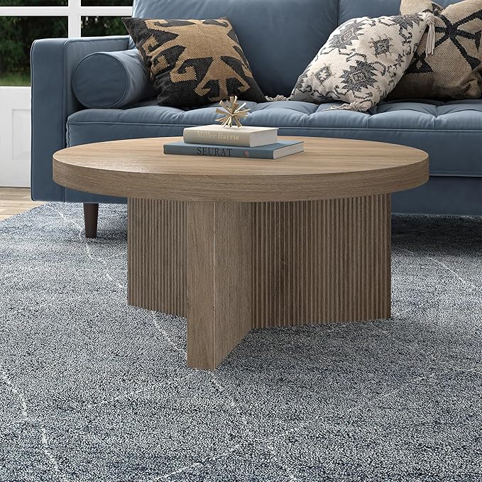 Henn&Hart 32" Fluted Round Low-Profile Coffee Table with Ribbed Pedestal Base for Living Room, Family Room, Office, or Apartment, Antiqued Gray Oak