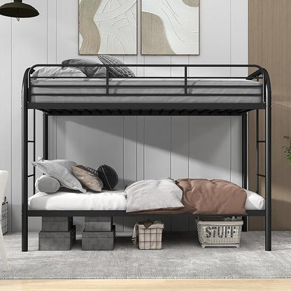 Bunk Bed Twin Over Twin Metal Bunk Bed w/Full-Length Guardrail & Side Ladder, Low Metal Bed Frame for Teens, Girls, Boys, Adults,No Box Spring Needed (C Black)