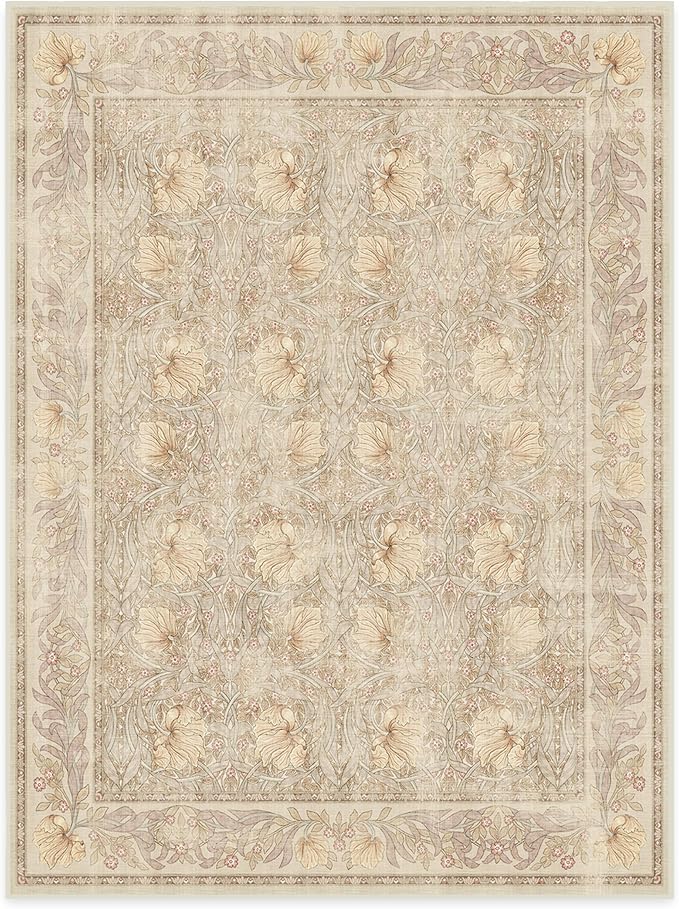 RUGGABLE x Morris & Co Washable Area Rug – Pimpernel Vintage Stone 9x12, Stain-Resistant, Non-Slip – Large Machine Washable Rugs for Living Room, Bedroom, Hallway, Entryway & Office–with Standard Pad