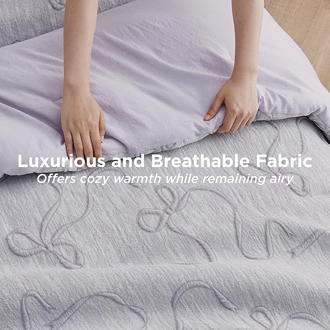 Bedsure Full Size Comforter Set, Light Purple Boho Tufted Bed Set, 3D Puffy Jacquard Bedding Full Size, 3 Pieces, 1 Farmhouse Shabby Chic Embroidery Comforter with Bow Pattern & 2 Pillow Cases