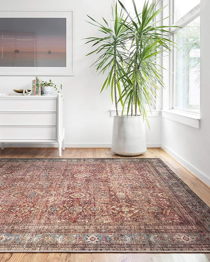 Loloi Layla Collection LAY-01 Brick/Blue 7'-6" x 9'-6" .13" Thick Area Rug, Soft, Durable, Vintage Inspired, Distressed, Low Pile, Non-Shedding, Easy Clean, Printed, Living Room Rug