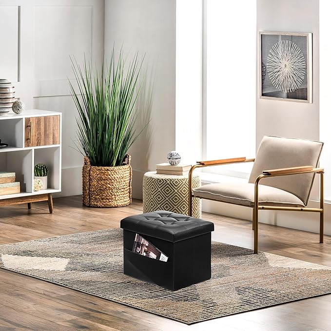 AmasSmile 2PC Storage Ottoman Folding Foot Rest Stool with Side Pocket, 16 inch Leather Footstool Bench, Short Ottoman Bench, Storage Foot Rest Store, Books, Black