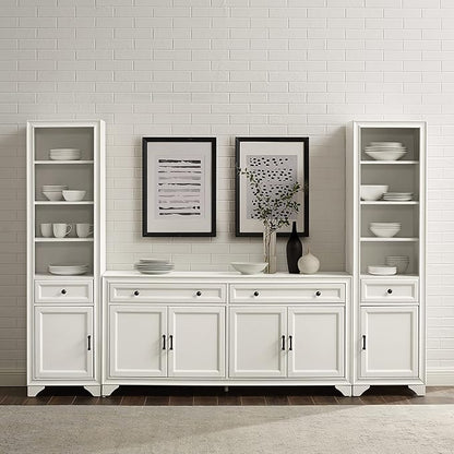 Crosley Furniture Tara 3-Piece Modern Farmhouse Sideboard Buffet Cabinet and Bookcase Set with Storage, Distressed White