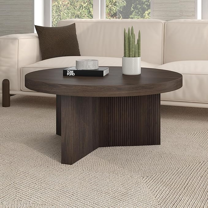 Henn&Hart 32" Fluted Round Low-Profile Coffee Table with Ribbed Pedestal Base Living Room, Family Room, Office, or Apartment, Alder Brown