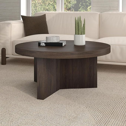 Henn&Hart 32" Fluted Round Low-Profile Coffee Table with Ribbed Pedestal Base Living Room, Family Room, Office, or Apartment, Alder Brown