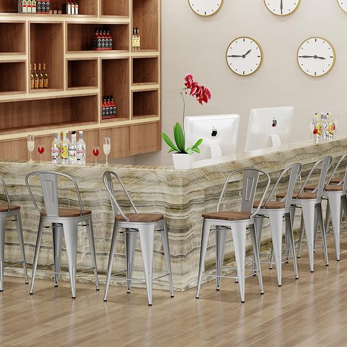 Aklaus Swivel Metal Bar Stools with Backs Counter Stools Set of 4 Counter Height Stools High Back Bar Chairs 26 Inches Barstools Farmhouse Silver