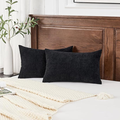 GAWAMAY Lumbar Pillow Cover Decorative Rectangle Throw Pillow Covers 12"x20" Inch Set of 2, Super Soft Chenille Pillowcase for Living Room Bedroom Sofa Couch Cushion Cover Black 30x50cm (No Insert)