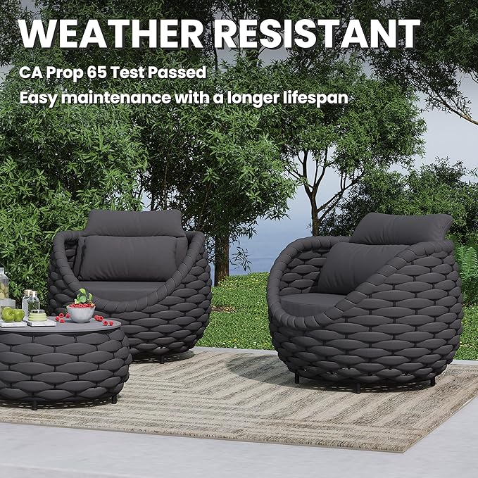 Deck Furniture Set: 3 Pieces Aluminum Woven Rope Patio Conversation Sofa Set for 2, Comfy Cushions Couch Armchair Table Set Assembled, 400lbs for Porch Balcony Pool Bistro Yard Hotel - Dark Gray