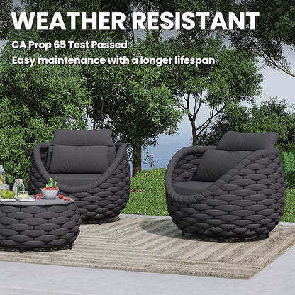 Deck Furniture Set: 3 Pieces Aluminum Woven Rope Patio Conversation Sofa Set for 2, Comfy Cushions Couch Armchair Table Set Assembled, 400lbs for Porch Balcony Pool Bistro Yard Hotel - Dark Gray