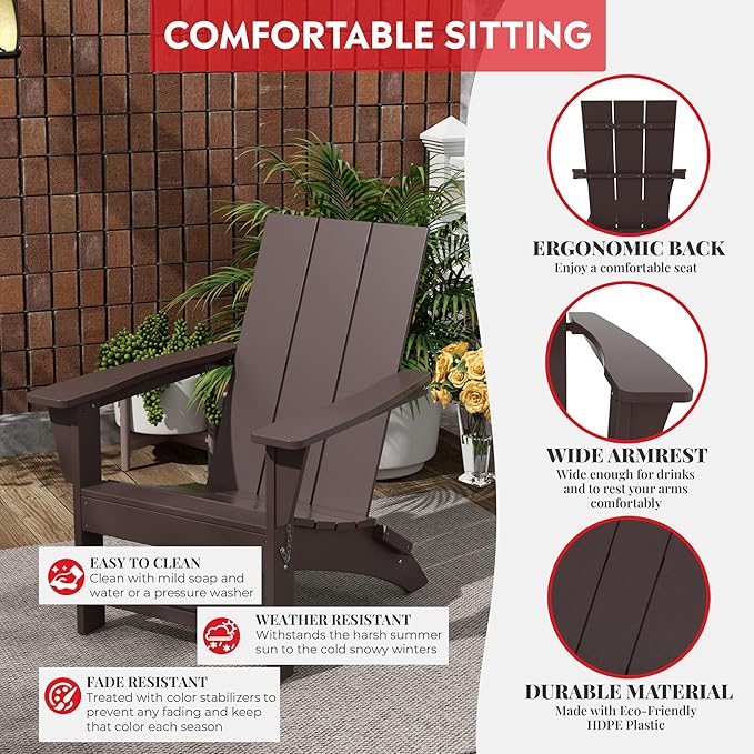 Costaelm Folding Adirondack Chairs, Outdoor Patio Adjustable Lawn Chairs, Weather Resistant Outside Firepit Chairs for Porch, Poolside, Garden, Backyard Deck, Dark Brown