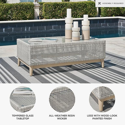 Signature Design by Ashley Seton Creek Casual Resin Wicker Outdoor Coffee Table with Tempered Glass Tabletop, Light Gray & Light Brown