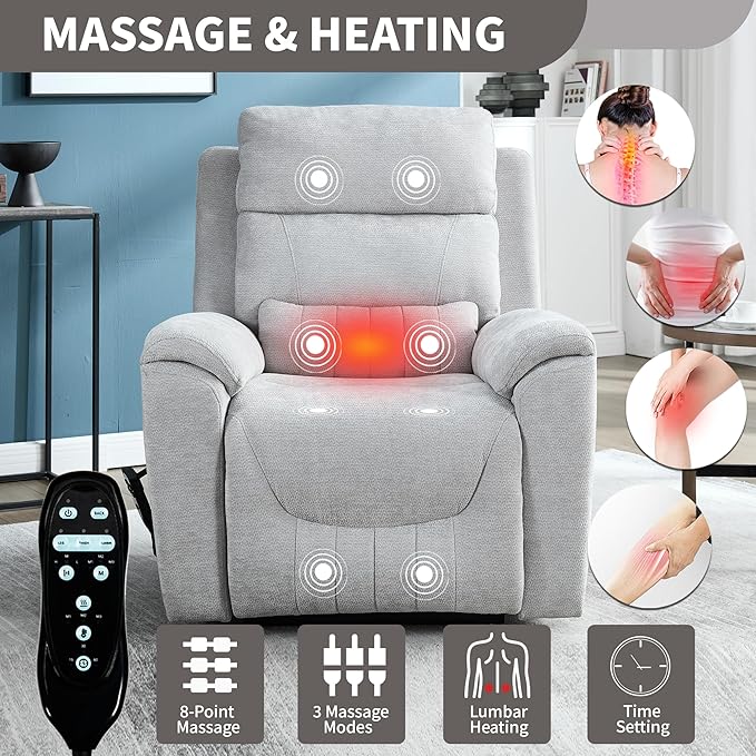 Power Lift Recliner Chair for Elderly People, Dual Motor Lay Flat Recliner with Vibration Massage and Heat, Heavy Duty Motion Mechanism Standing Assistance Reclining Chair, Chenille Fabric Light Gray